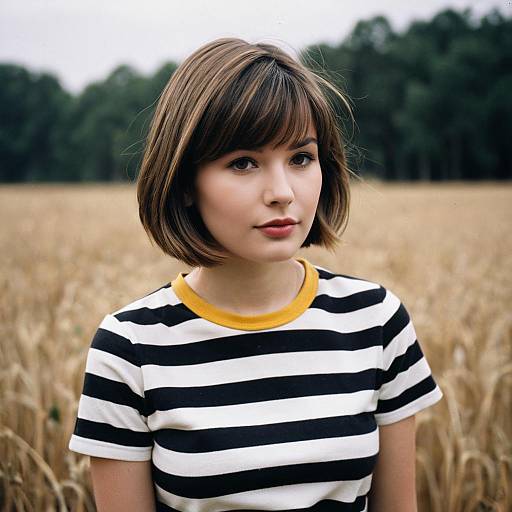 Young Woman in Striped Shirt in Wheat Field