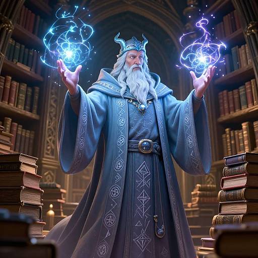 Digital illustration of a white-bearded wizard in a blue, ornate robe, holding glowing blue and purple magical energy spheres in a dimly lit,