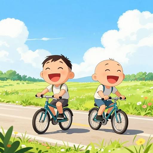 Joyful Cartoon Cyclists in Countryside