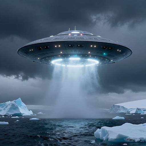 Photorealistic image of a glowing UFO hovering above icy ocean, illuminated by bright lights, with dark storm clouds in the background.