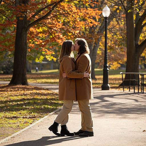 Photograph of a couple kissing in a sunlit autumn park, both wearing brown coats and beige pants, surrounded by vibrant orange and yellow leaves.