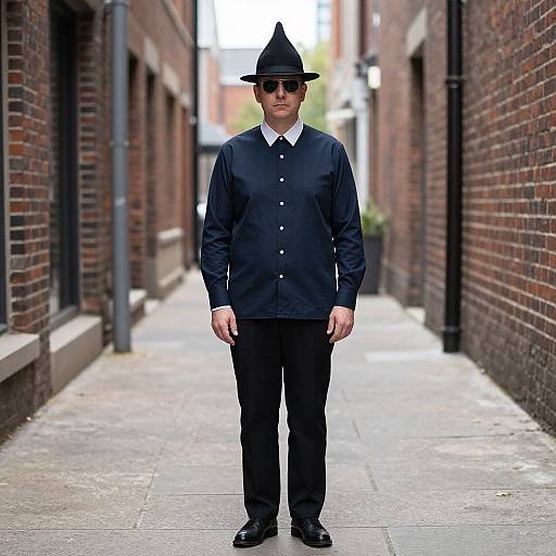 Man in Black Hat on Sidewalk