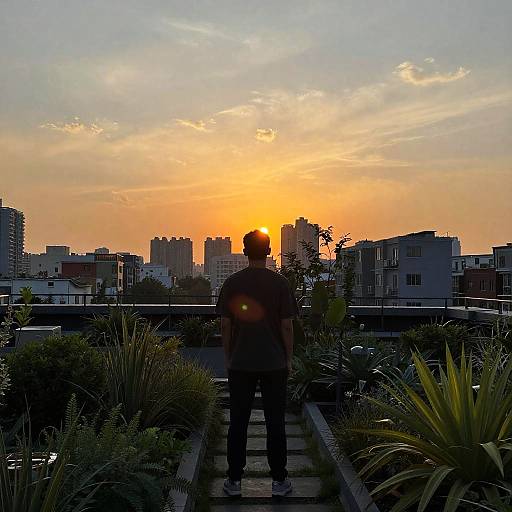 Photograph of a man standing on a rooftop garden, back to the camera, watching a vibrant sunset over a city skyline. Silhouetted against
