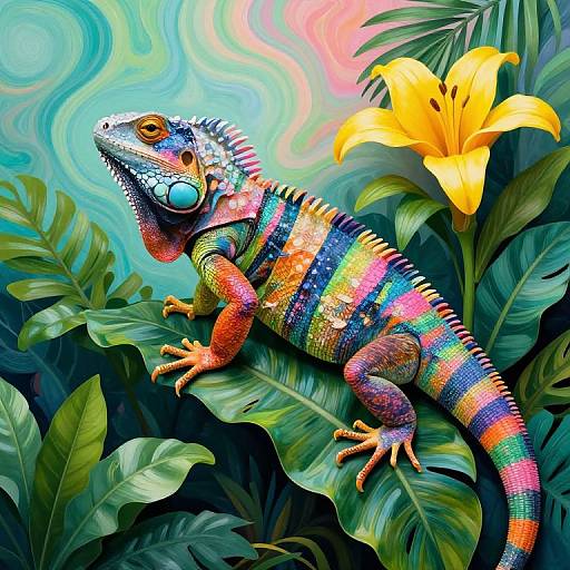 Vibrant digital artwork of a colorful iguana with rainbow stripes, blue bead on throat, perched on lush green leaves with a bright yellow