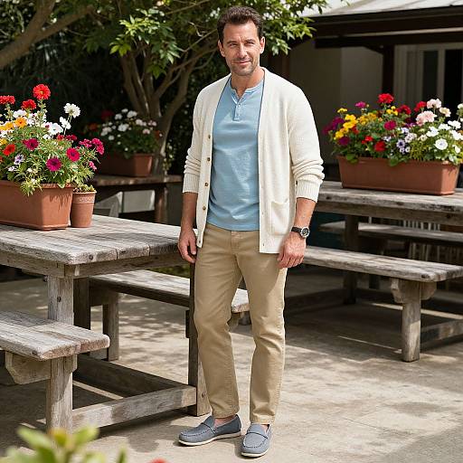 Photograph of a middle-aged man with short dark hair, wearing a white cardigan, light blue polo, beige pants, and gray shoes, standing