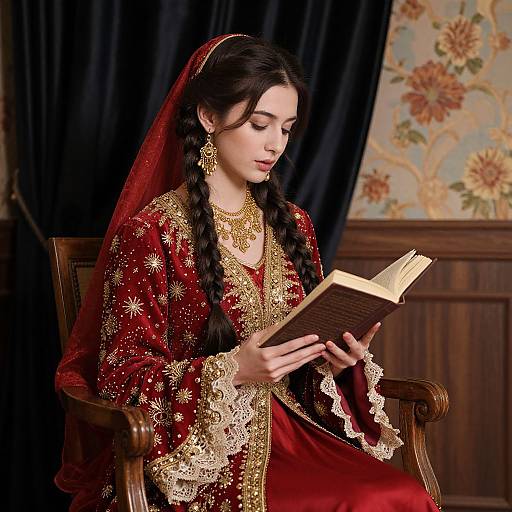 Photograph of an Indian woman with dark hair in braids, wearing a red and gold embroidered traditional dress, reading a book in a wooden chair,