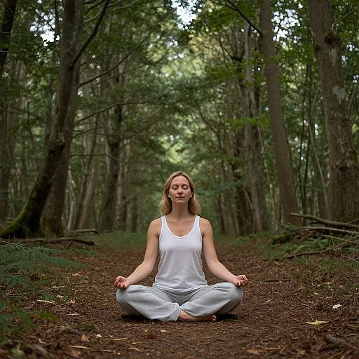 Photograph of a blonde woman with closed eyes, wearing a white tank top and gray pants, meditating in a forest. She sits cross-legged on