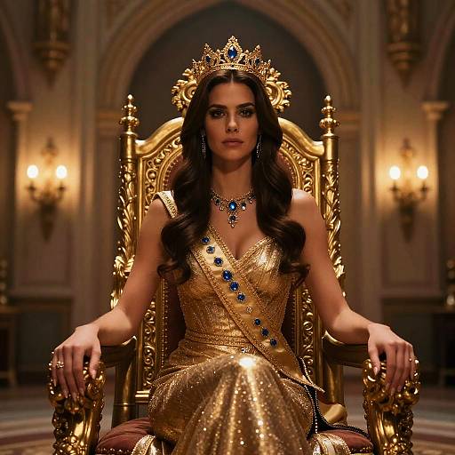 Photograph of a dark-haired woman in a gold, sequined gown with blue sapphire accents, wearing a gold crown, seated on a grand,
