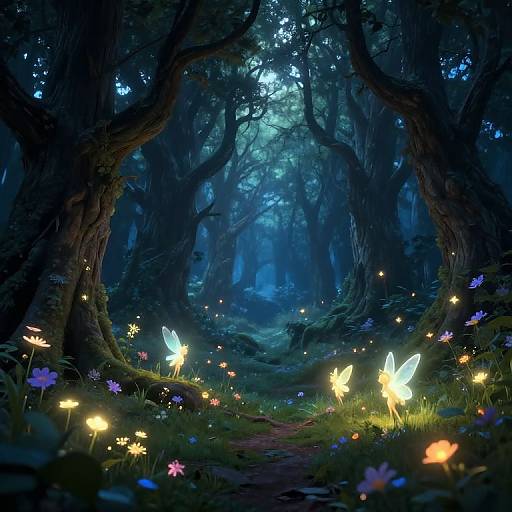 Mystical forest scene at night, illuminated by glowing white butterflies and colorful fireflies, surrounded by dark, twisted trees and vibrant flowers.
