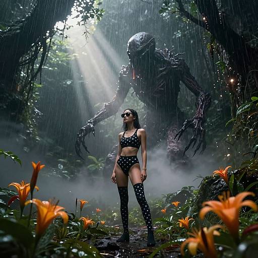 Photorealistic digital art of a brave woman in black polka-dot lingerie and thigh-high socks facing a towering, menacing alien in a rain-soaked