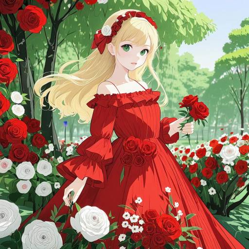 Blonde Girl in Red Dress Among Roses