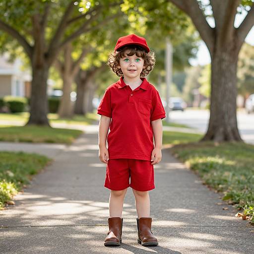 Photograph of a young boy with curly brown hair, wearing a red polo, shorts, cap, and brown boots, standing on a sunlit suburban