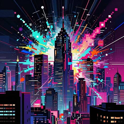 Neon-lit digital cityscape with exploding, vibrant, colorful lights and glowing skyscrapers; dynamic, futuristic, and cyberpunk-inspired style.