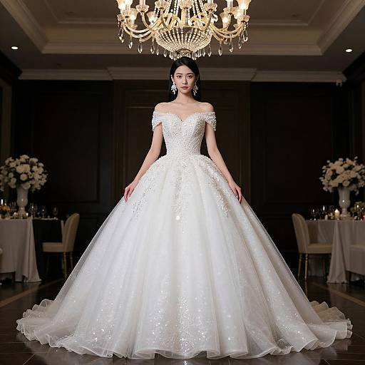 Photograph of a beautiful woman in a sparkling white, off-shoulder, ball-gown wedding dress, standing under a grand chandelier in an
