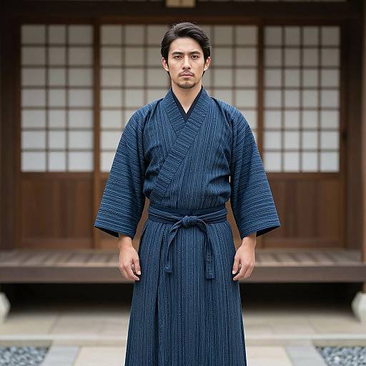Photograph of a serious-looking Asian man with short black hair, wearing a dark blue, pinstriped kimono, standing in front of a