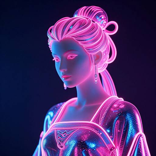 Neon-lit digital artwork of a serene woman with glowing pink and blue hair, wearing a shimmering, sequined top, against a black background
