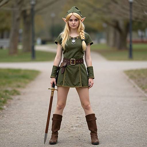 Photograph of a blonde, elven cosplay woman with pointed ears, green dress, brown belt, boots, and sword, standing on a park path