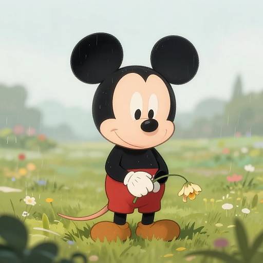 Digital illustration of Mickey Mouse standing in a rain-soaked meadow, holding a white daisy. He wears red shorts, black shirt, and brown
