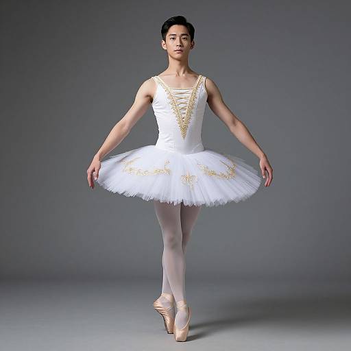 Photograph of an Asian ballerina with short black hair, wearing a white tutu dress with gold accents, white tights, and pink point