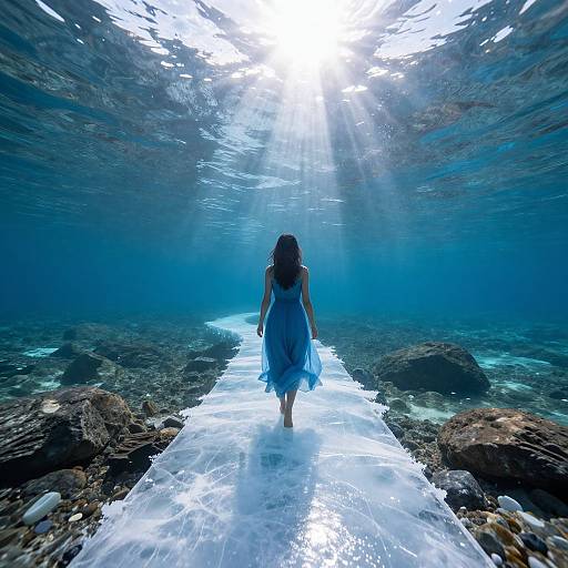 Photograph of a woman in a blue dress walking underwater on a transparent path, surrounded by rocks, with sunlight streaming from above.