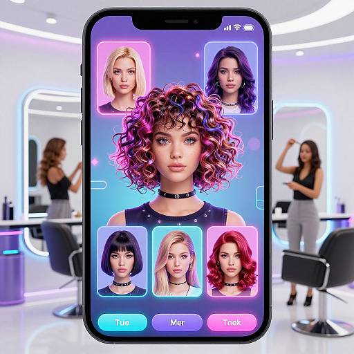 Photorealistic digital image of a smartphone displaying five women's portraits with curly pink-haired woman in center, background: modern salon with three stylists.