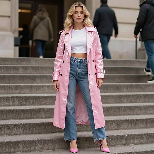 Confident Blonde Woman in Pink Coat