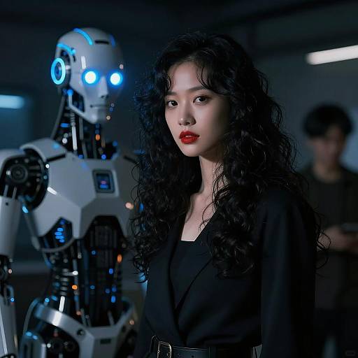 Woman with Robot in Dimly Lit Room