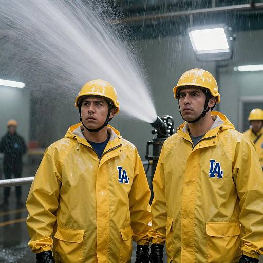 Men in Yellow Raincoats Operating Water Spray Machine