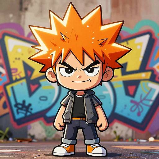 Digital drawing of a chibi-style boy with spiky orange hair, black outfit, and orange shoes, standing in front of colorful graffiti. Smir