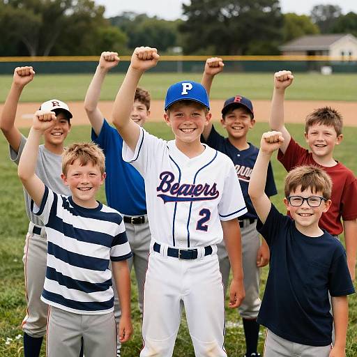 Young Boys Celebrating on Baseball Field