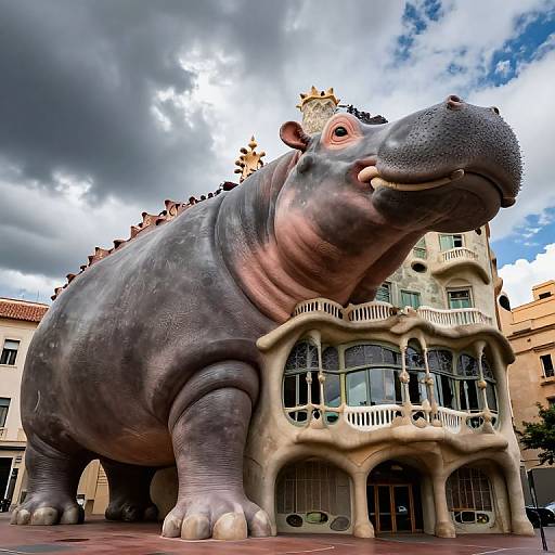 Photograph of a large, detailed hippo sculpture standing in front of a whimsical, multi-story building with arched windows and a cloudy sky backdrop