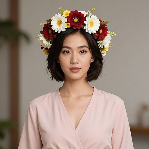 Photograph of an Asian woman with short black hair, wearing a pink V-neck blouse, adorned with a flower crown of white, red, and yellow