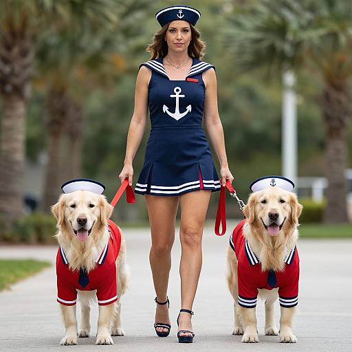 Photograph of a woman in a navy sailor outfit and hat, walking two golden retrievers in matching red sailor costumes, on a tree-lined path.