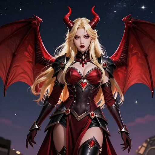 Digital art of a blonde demon woman with red wings, black and red armor, horns, and a starry night sky background.
