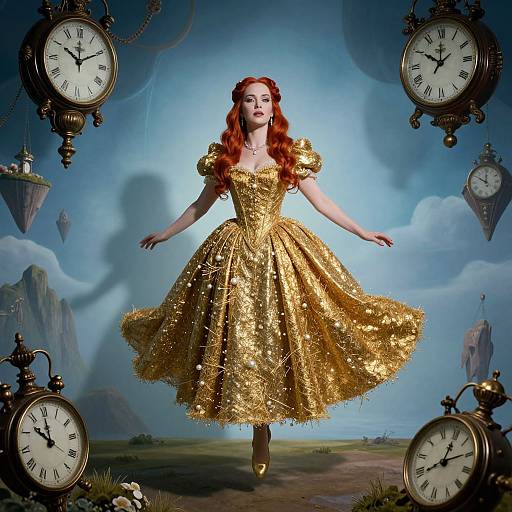 Photograph of a red-haired woman in a shimmering gold ball gown, surrounded by floating clocks, against a whimsical, cloudy sky backdrop.