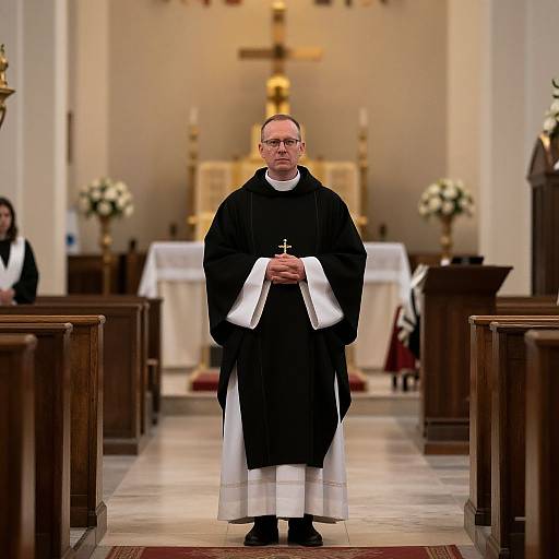 Photograph of a bald, middle-aged Catholic priest in black and white clerical robes, standing in a lit church aisle, holding a rosary.