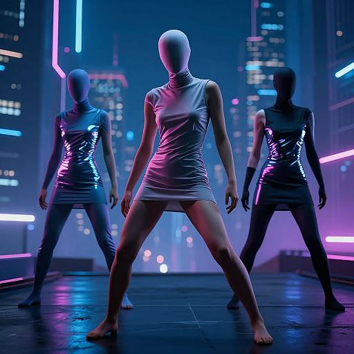 Photograph of three faceless, bald women in tight, shiny, latex dresses, standing in a neon-lit cityscape, legs spread wide,