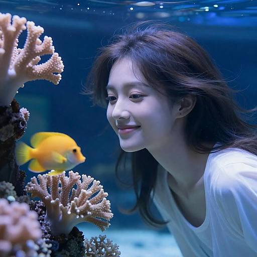 Smiling Woman Among Coral and Fish