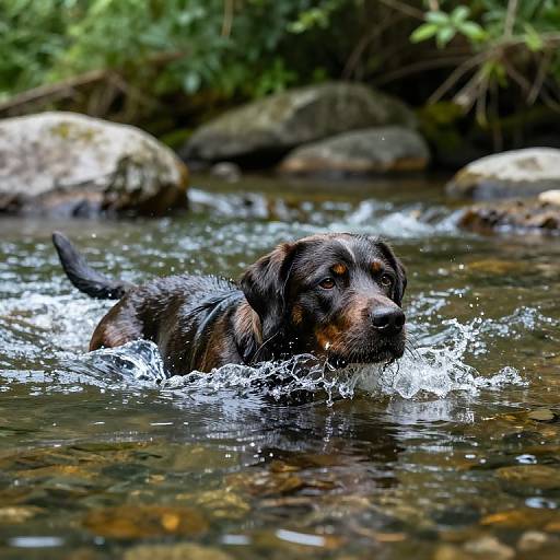 Photograph of a wet, dark brown and black dog with orange eyes swimming in a shallow, rocky stream, surrounded by green foliage.