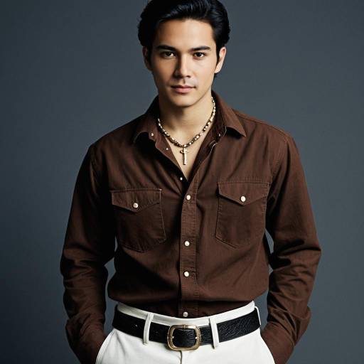 Asian male model in brown shirt and white pants