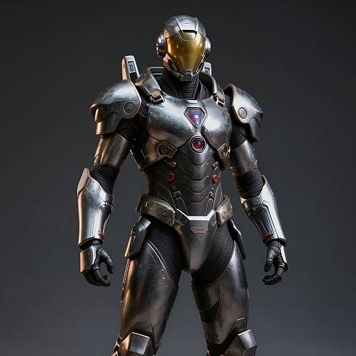 CGI image of a futuristic, metallic silver armored suit with a gold-tinted visor, featuring red and black accents, standing against a dark