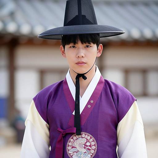 Photograph of a young Asian man in traditional Korean hanbok, wearing a black hat, purple vest over white shirt, with intricate red embroidery,