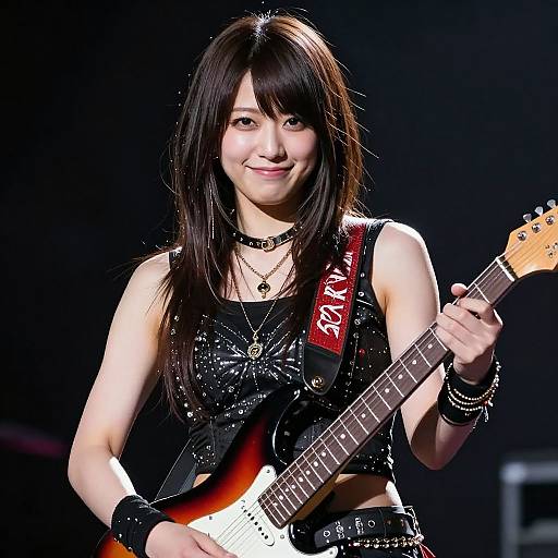 Photograph of an Asian woman with long black hair, wearing a black studded sleeveless top, playing a sunburst electric bass guitar on stage.