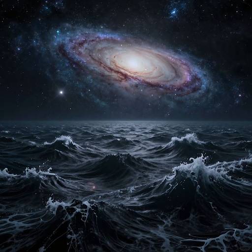 Digital artwork of a dark, star-filled night sky with a glowing spiral galaxy above choppy, white-capped ocean waves.