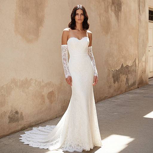 Photograph of a dark-haired woman in a white lace off-shoulder wedding dress, standing against a weathered, beige wall. Sunlight casts