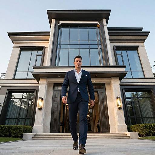 Photograph of a handsome, dark-haired man in a black suit walking confidently towards a modern, two-story glass house with black frames and lantern-style lights