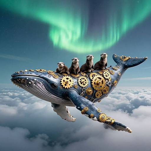 Mechanical Whale Soaring Through Aurora
