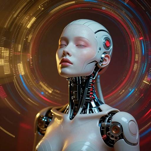 Photorealistic CGI of a futuristic, bald, white-skinned female android with red and blue mechanical eyes, exposed circuitry, and glowing red accents