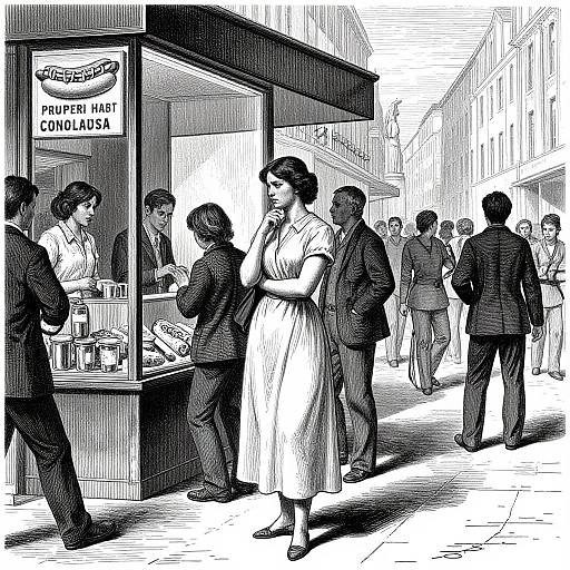 Black and white drawing of a street scene with people lined up at a 