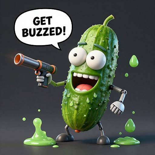 CGI cartoon green pickle character with wide eyes, toothy grin, holding a black-orange gun, speech bubble saying 